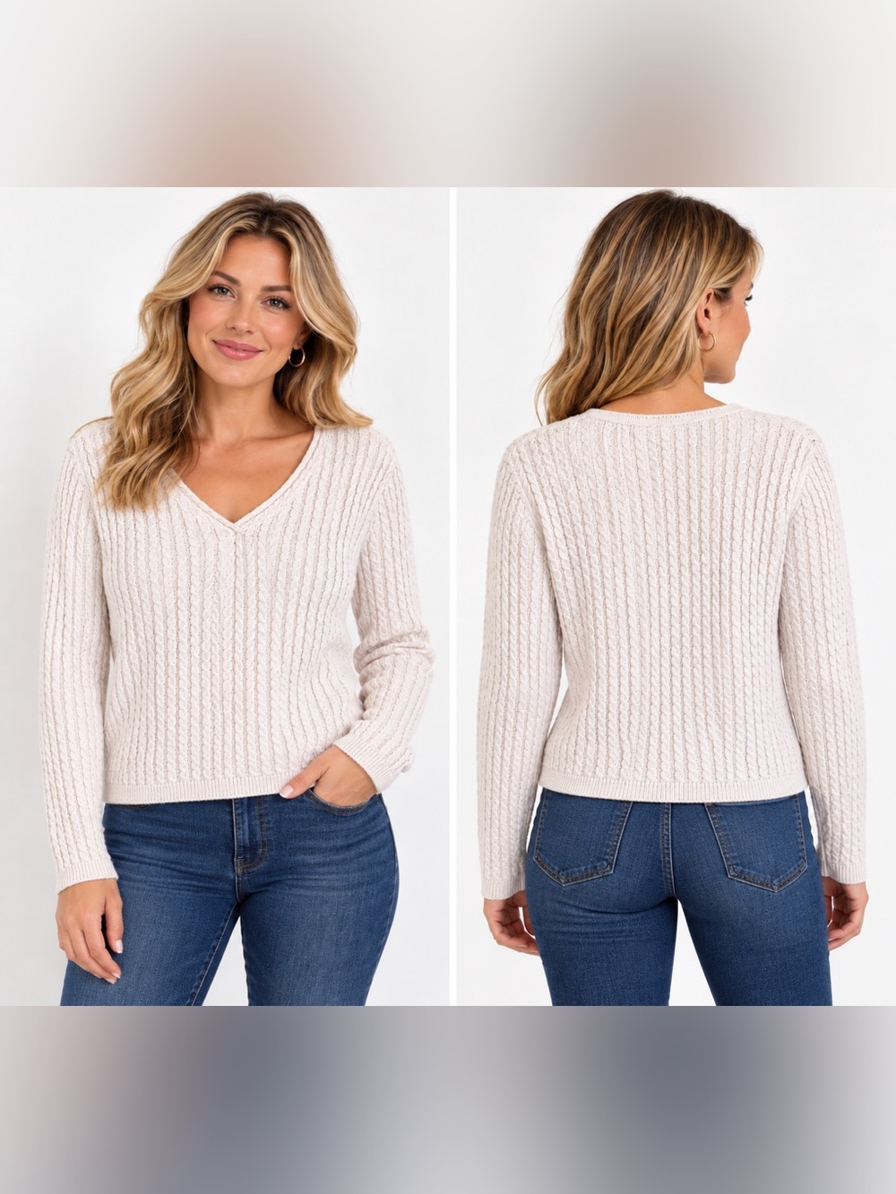 Talbots Ivory Cable Knit V-Neck Sweater Women’s XL Cotton Blend Classic